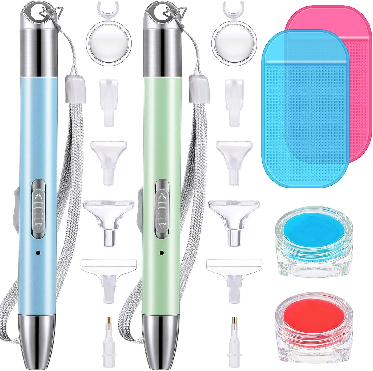 2 Pieces Diamond Painting Pen with Light Drill Diamond Painting Accessories 12 Pen Heads, 2 Anti-Slip Mats, 2 Wax Organizer Cases for DIY Craft Supplies Tools(Blue, Green)